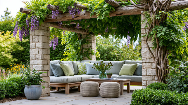 Rustic outdoor pergola with natural stone pillars and a comfortable seating area, luxury garden design concept, with copy space