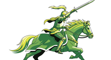Fototapeta premium Green Knight Warrior on Horseback with Sword, Medieval Fantasy Illustration