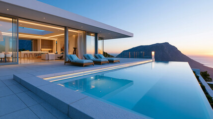 Fototapeta premium Stunning modern luxury villa at sunset with floor-to-ceiling glass walls, a sleek infinity pool, and panoramic coastal mountain views, with copy space