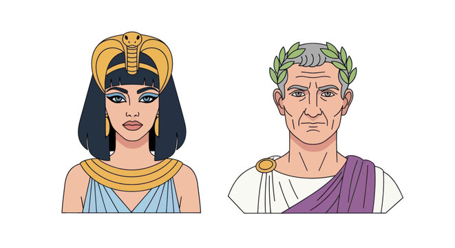 Cleopatra and Julius Caesar Illustration, Ancient Egypt and Rome Leaders Portrait