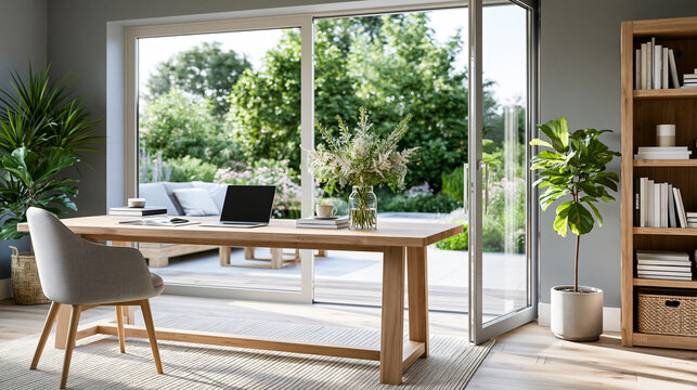 Contemporary home office with floor-to-ceiling sliding glass doors opening to a private garden patio, work-from-home luxury lifestyle concept, with copy space