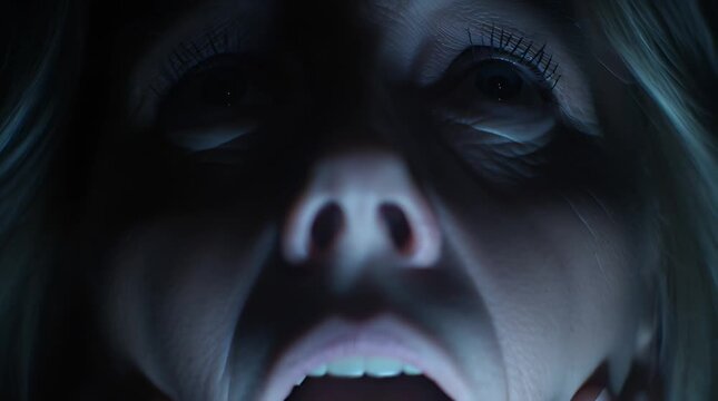 Close-up of a terrified woman's face with wide eyes and an open mouth in the dark.