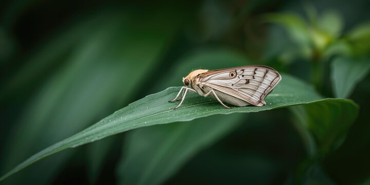 Close view of domestic silk moth perched on a leaf in an outdoor garden