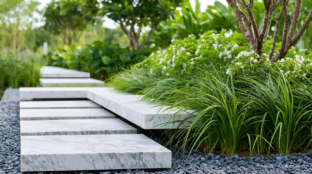 Stunning minimalist landscape architecture with a serene garden pathway of floating white marble steps over lush greenery, with copy space