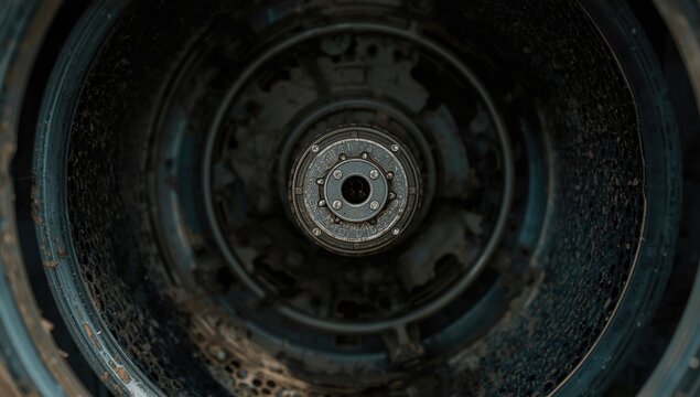 Close-up portrayal of a broken dynamo from a washing machine covered in rust and dust