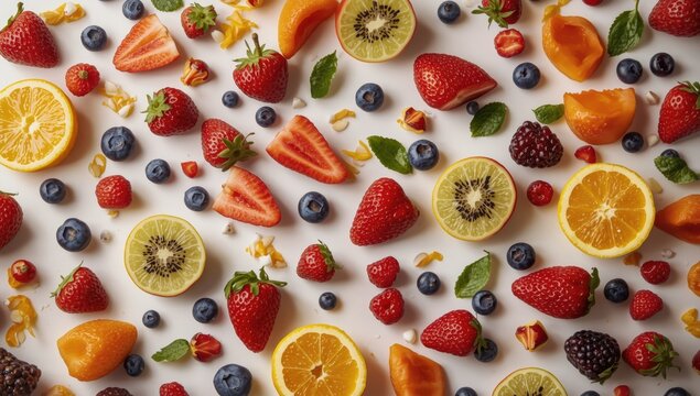 Eye catching mix of fresh fruits and berries laid on a pure white surface showcasing colorful nutritious elements for marketing use