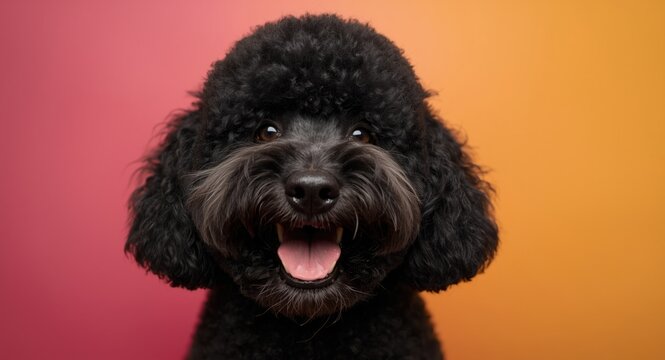 Close up portrait of a joyful black poodle with vibrant backdrop