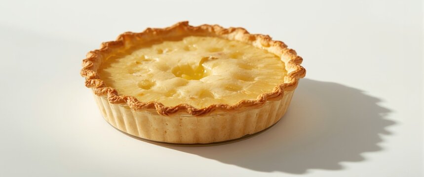 Freshly baked pineapple pie with flaky crust presented on bright white background