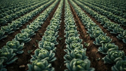 Fototapeta premium Healthy cabbage crops growing uniformly in cultivated field