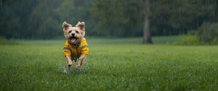 Excited canine in rain jacket bounding over verdant lawn space on a drizzly day