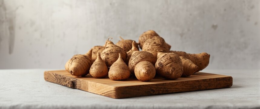 Collection of African yam tubers on a handcrafted wooden chopping board in front of a neutral white backdrop