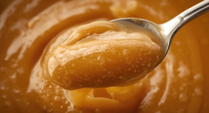 Closeup view of traditional Argentine dulce de leche spoonful with creamy texture