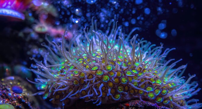 Colorful zoanthid colonies thriving in reef tank with strong water flow