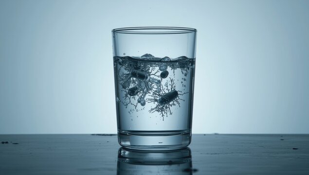 Glass containing clear water and microbes to demonstrate disinfection techniques and treatment with copy space for health guidelines