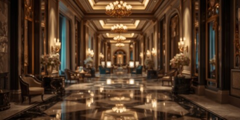 Naklejka premium grand hotel interior decorated with high end finishes and ambient mood lighting
