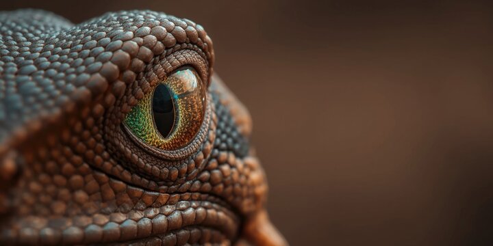 Focused shot of a lizard eye with glowing green iris and eyelash like scale formations