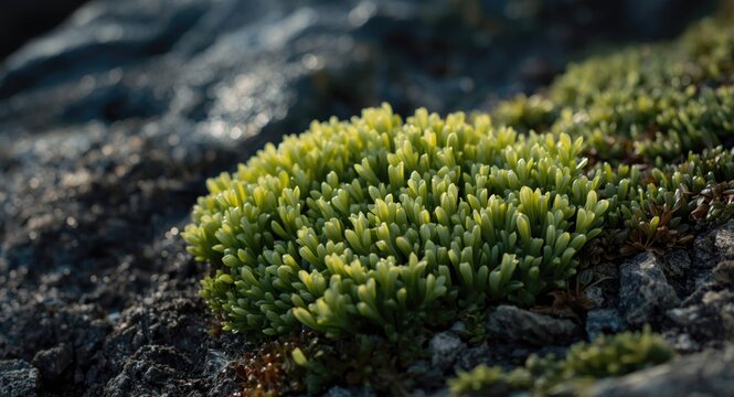 Close up view of green ulva lactuca seaweed thriving on rocky shore coastline