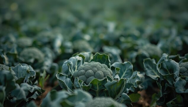 Green organic broccoli farming in natural open fields with soft focus effect
