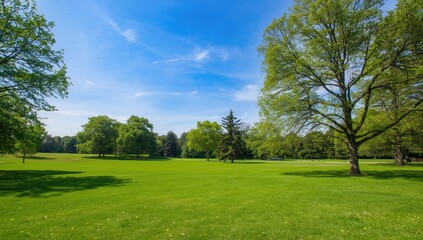 Obraz premium Expansive view of a green park featuring various trees and an open grassy meadow under bright blue sky with copy space