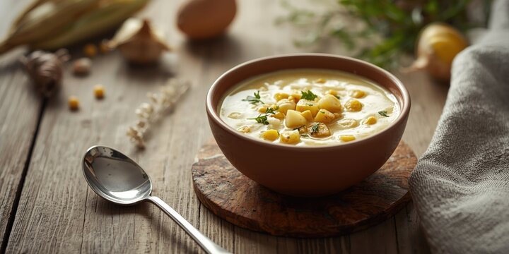 Creamy corn potage soup served fresh in a ceramic bowl