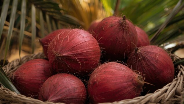 Close up photo of radiant red babassu coconuts in a basket woven from natural fibers with palm leaf surroundings