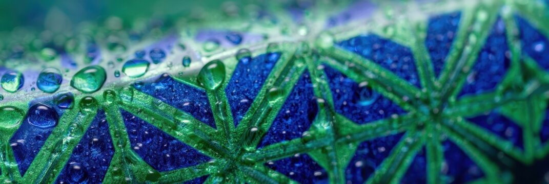 Focused macro view of intricate glass texture with water droplets on vivid jade and cobalt geometric patterns soft cityscape bokeh in background.
