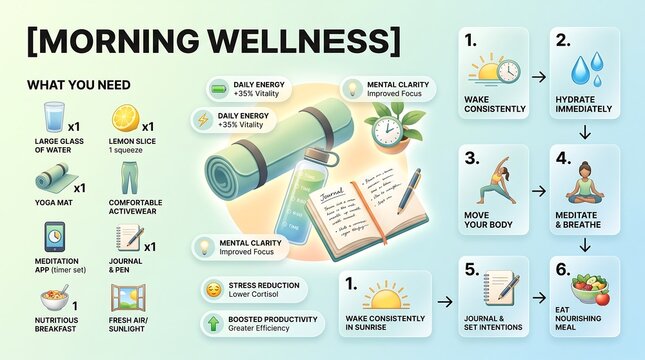 Morning wellness routine infographic with healthy habits and daily checklist for a productive start to the day