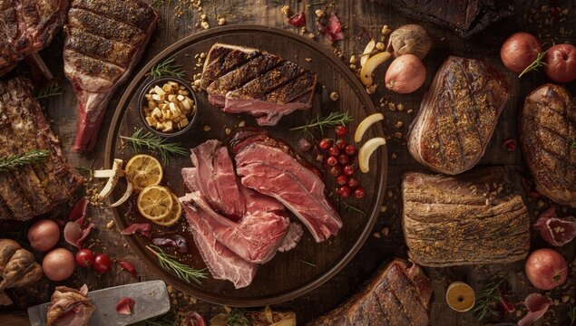 Goat meat cuts laid out on a wooden surface showcasing diverse flavors for grilling and braising