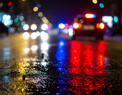 Blurry red and blue police lights reflecting on wet asphalt at night, glowing reflections spreading across the surface, mysterious crime scene atmosphere.