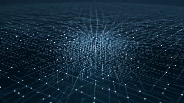 Glowing blue data points connect through a structured grid representing modern information flow and neural network communication