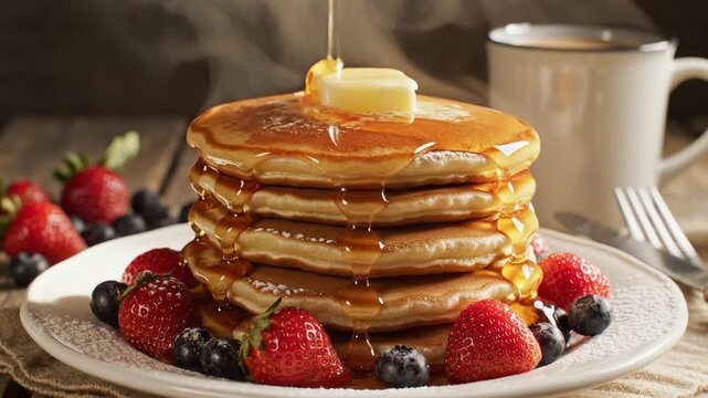 Stack of pancakes with syrup and butter on plate with berries