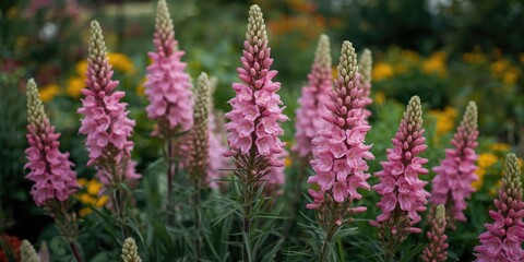 Obraz premium Colorful garden display featuring pink perennial Chelone lyonii blooms