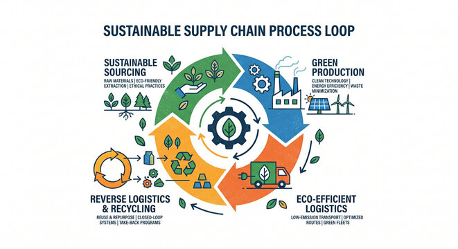 Sustainable Supply Chain Process Loop: An infographic illustrating the circular economy of a sustainable supply chain, encompassing green production, eco-efficient logistics, reverse logistics.
