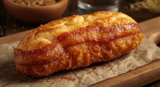 Crispy air fried bacon wrapped roll with golden crust