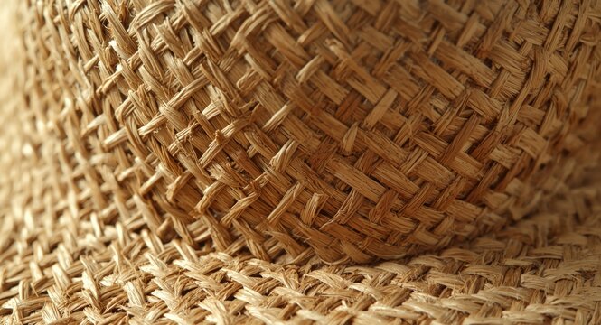 Detailed summer vibe textured close up of woven raffia fiber straw hat stitching