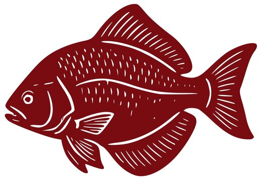 Stylized dark red fish illustration in linocut or woodcut graphic style.