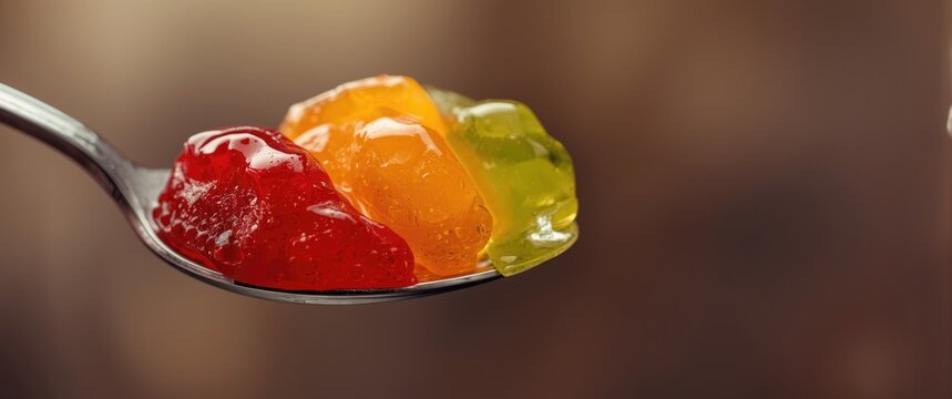 Colorful fruity jelly snack presented on a spoon