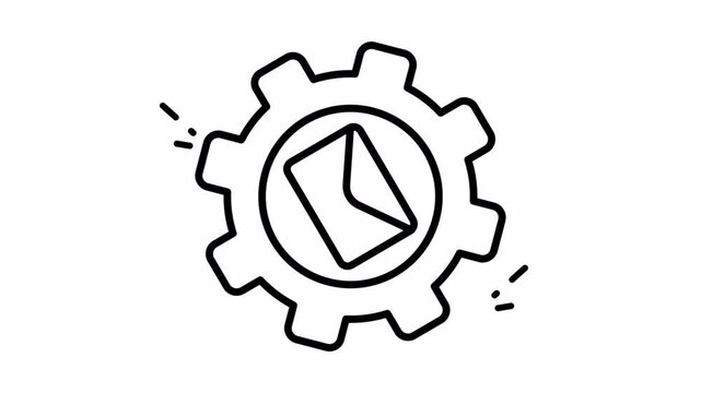 Gear cog wheel icon with tilted envelope shape in black and white. Suitable for engineering, communication, technology, and mailrelated concepts.