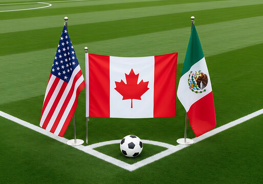 Flags of usa canada and mexico on a soccer field with a ball