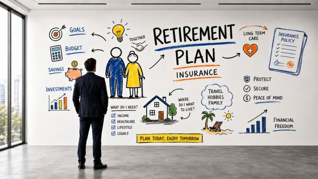 A man stands in front of a wall filled with illustrations and notes about retirement planning, highlighting goals, investments, and insurance policies.