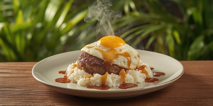 Hawaiian inspired tropical loco moco dish resting on fluffy rice