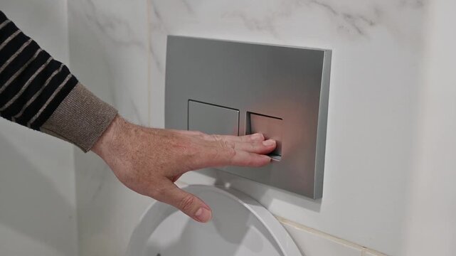 A man in a public restroom presses the toilet flush button, selecting the economy mode.