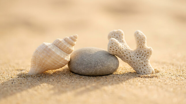 Seashell, pebble and coral fragment resting on golden beach sand during summer