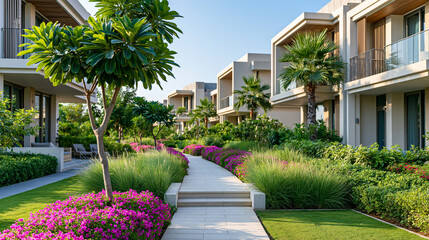 Fototapeta premium Luxury resort with modern villas set in lush gardens and beautiful landscaping under a spacious open sky, hospitality property concept, with copy space