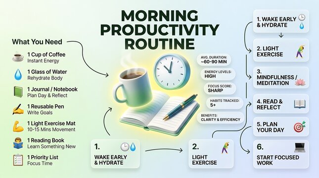 Morning productivity routine infographic with steps and essential items for a successful start to the day