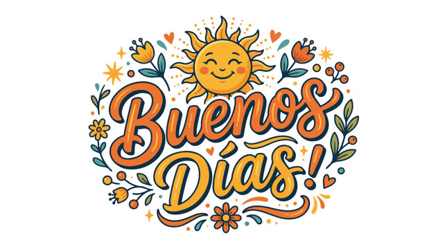 Vibrant Buenos Dias greeting with smiling sun and floral design elements in orange, yellow, and green hues