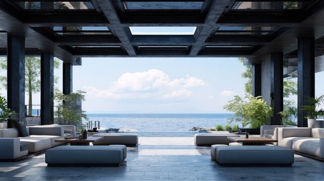 Luxury contemporary seaside lounge area opens toward expansive ocean vista under bright sky