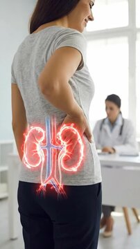 Inner organ affliction: kidney illness, female patient, medical diagnose, body discomfort, health concern, doctor visit, renal pathology, abdominal pain, human system, urology issue, disease symptom.