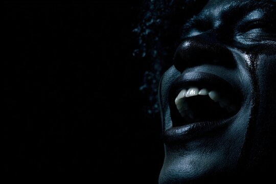 Intense Emotional Portrait Face Partially Illuminated Dark Background, Tears Pain Catharsis Expression, Conceptual Psychological Art