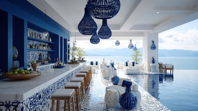 Upscale seaside lounge features bright blue and white decor beside an infinity pool